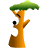 Pixelated orange tree with green canopy, white eyes with black pupils, brown branch-like arm, and brown leafy base against gray background.