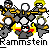 Pixelated graphic of six figures in gray and yellow uniforms with white circular shields, one figure with red and yellow flames, and the text "Rammstein" at the bottom.