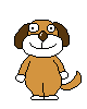 Brown cartoon dog with white face and paws, brown ears, smiling in various poses including arms outstretched, winking, and holding a cup.