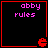 Four identical black square with red borders display pink text 'abby rules' and a red pixelated symbol at the bottom right corner