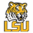 Pixelated tiger head above 'LSU' text on white background, with four purple containing yellow pixelated text
