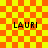 Yellow and orange checkered background with four instances of the text LAURI in black pixelated font, two showing a circular overlay effect