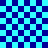 Blue and cyan checkered background with two -like patterns forming circular shapes, one larger at top right and smaller below