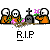 Animated contact sheet of a pixel art character in an orange shirt mourning at a grave with 'R.I.P.' text, showing sequential frame changes from multiple figures to single figure and varying expressions.