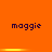 Orange background with repeated 'maggie' text and horizontal yellow bars in two