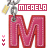 Pixelated icon with large pink 'M' letter, red border, and 'MIGAELA' text above; keychain charm on top left; three small pink hearts vertically aligned on left side.