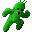 Two green pixelated figures with black eyes and mouths in running poses against a gray background.
