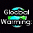 Pixelated icon with Earth graphic and text about global warming in a microwave context.
