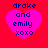 Four identical pixelated heart-shaped icons with blue text on a red background, each displaying 'drake and emily xoxo' in lowercase letters.