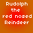 Four identical display white pixelated text reading "Rudolph the red nosed Reindeer" on a gradient orange-red background