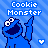 Pixel art contact sheet showing two frames of a Cookie Monster animation with blue background and heart symbols.