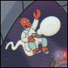 A cartoon character with red skin and a white lab coat holds a large white balloon while floating against a dark blue background.