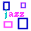 Pixelated of blue and pink outlined squares with 'jazz' text in cyan and magenta, showing animation changes across frames