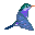 Pixelated bird with teal head, orange beak, purple chest, and blue body in two poses against gray background.