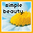 Two side-by-side pixelated images of a yellow flower with blue sky background, each displaying 'simple beauty.' text in different colors.