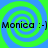 Four identical display green and blue spiral patterns with black text reading "Monica :-]" on each