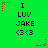 Green background with repeated text "I LUV JAKE" and heart symbols, animated stars in corners.