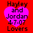 Red background with four identical pink heart-shaped icons containing text "Hayley and Jordan 4-7-07 Lovers" in black pixelated font.