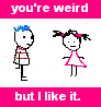 Animated contact sheet of three frames showing stick figures with pink text banners, depicting a romantic interaction where one character offers a heart to another.