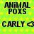 Green background with yellow stars, repeating text "ANIMAL POXS" and "CARLY <3" in black pixelated font.