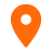 A solid orange map pin icon with a circular cutout in the center, set against a light gray background.