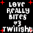 Pixelated text and red crosses on black background, with 'LOVE REALLY BITES #3 TWILIGHT' repeated in two , some text slightly blurred or distorted
