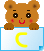 Brown bear character with black eyes and red cheeks holds a light blue sign; left view shows yellow C symbol, right view is blank.