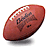 Brown football with white laces and dark text on its surface, next to a bright pink background with pixelated black text.