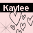 A 48x48 pixel animated buddy icon featuring the name 'Kaylee' in white text on a black banner above pink background with gray heart outlines and starburst patterns, displayed as two sequential frames showing slight animation changes.