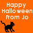 Orange background with white text 'Happy Halloween From Jo' and black cat silhouette in three positions.
