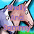 Pixelated unicorn head with purple mane and white horn against blue sky and green grass, text 'Shelly And Sammy' overlaid in purple.