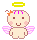 Pixel art contact sheet of six animated frames showing a cartoon angel character with pink wings, yellow halo, and orange bow on gray background.