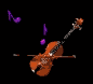 Animated sequence of a brown cello with purple musical notes floating around it against black background.