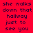 Red background with dark purple pixelated text reading "she walks down that hallway just to see you" in two identical vertical