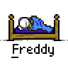 Animated contact sheet of 15 pixel art frames showing a character named Freddy in various states on a bed, including sleeping, waking up, and interacting with objects like smoke clouds and a cowboy-hatted figure.