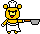 Yellow cartoon bear chef with white hat and apron holding a frying pan, showing sequential cooking actions.