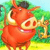 A pixelated red pig with large white tusks and a pink nose stands against a green and yellow background with a blue sky.