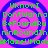Pixelated green text on a pink background with blue concentric circles, repeated in four quadrants.