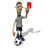 Animated cartoon referee holding red card above soccer ball, standing on white background with shadow.