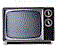 Two side-by-side pixelated television sets with black frames; left screen is static gray, right shows two people in a dimly lit room.