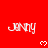Red background with white cursive text 'Jenny' and small pixelated hearts arranged in a pattern