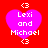 Four identical pixelated heart-shaped icons with pink fill and white text reading "Lexi and Michael" on a red background, each bordered by small white <3 symbols.