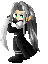 Pixelated character with long gray hair, green eyes, black outfit, and white accents in multiple poses against gray background.