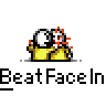 Animated pixel art contact sheet showing a sequence of eight frames where two yellow stick figures repeatedly punch each other's faces with red splatter effects, accompanied by repeated text "BeatFaceIn" below the animation.
