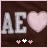 Pixelated image with silver letters AE, pink heart symbol, and three small puzzle-piece icons on brown background.