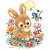 A pixelated animated buddy icon featuring a brown rabbit with large ears and pink eyes surrounded by flowers, mushrooms, and a small fairy-like figure on the left side of a contact sheet layout, paired with green text reading "Original Icons .com" on a dark green background on the right side.