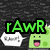 Green pixelated text 'RAW' above a white speech bubble and green cartoon face with pink tongue on dark gray background.
