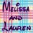 Pixelated text reads 'Melissa and Lauren' over a multicolored grid background with blue, pink, yellow, and green squares.