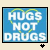 Two side-by-side animated frames of a blue square icon with white text reading HUGS NOT DRUGS and a green heart outline, each frame having a black border on the left or right edge.