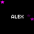 Black background with white text 'ALEX' repeated in three , surrounded by pink and purple star shapes that shift position across frames